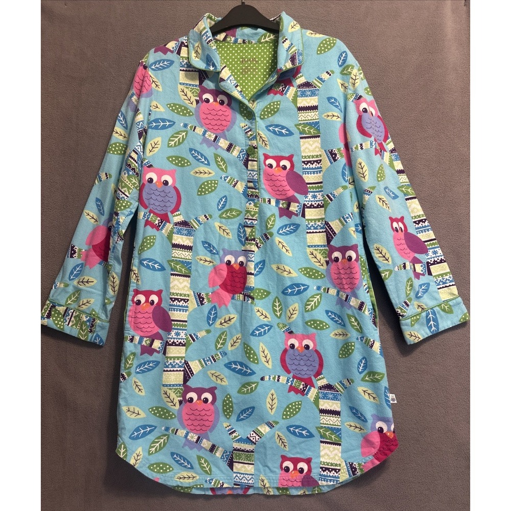 Nick & Nora Owl Print Flannel Nightgown Sleep Shirt PJs Small Blue Pockets